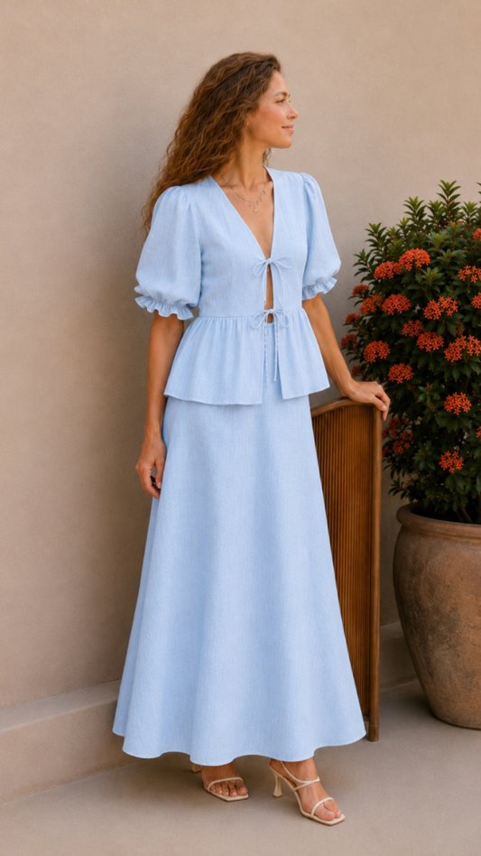 Conjunto Blusa Abullonada Falda Maxi