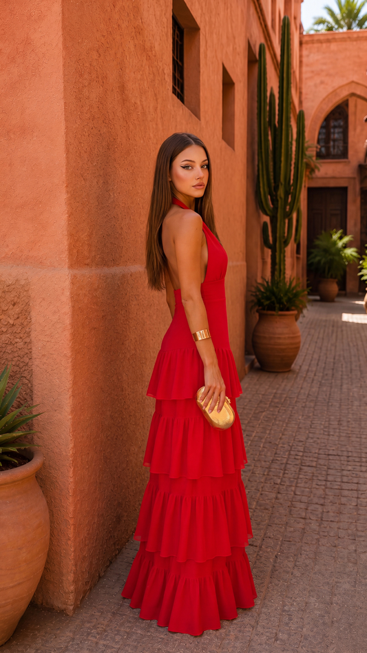 Vestido Largo Halter Espalda Descubierta con Volantes