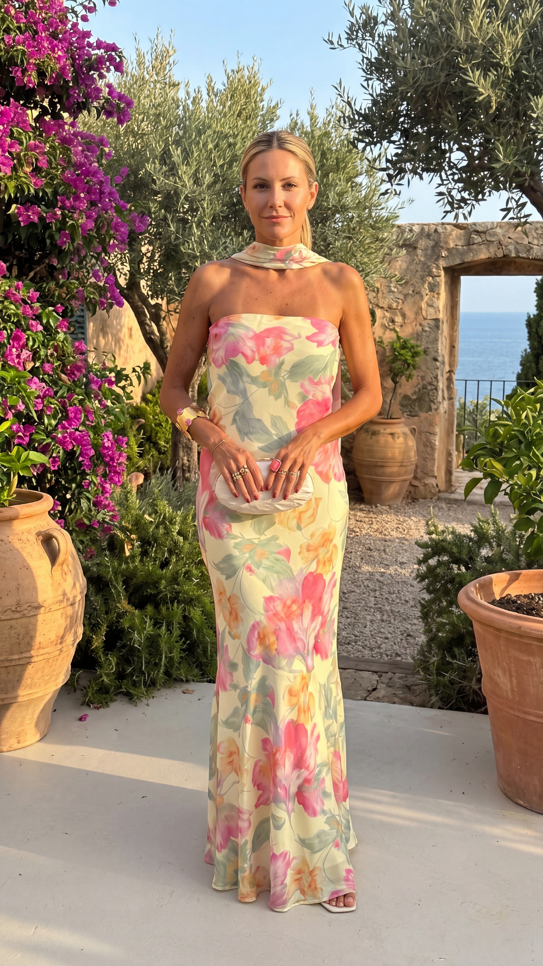 Vestido Strapless Floral con Pañuelo al Cuello