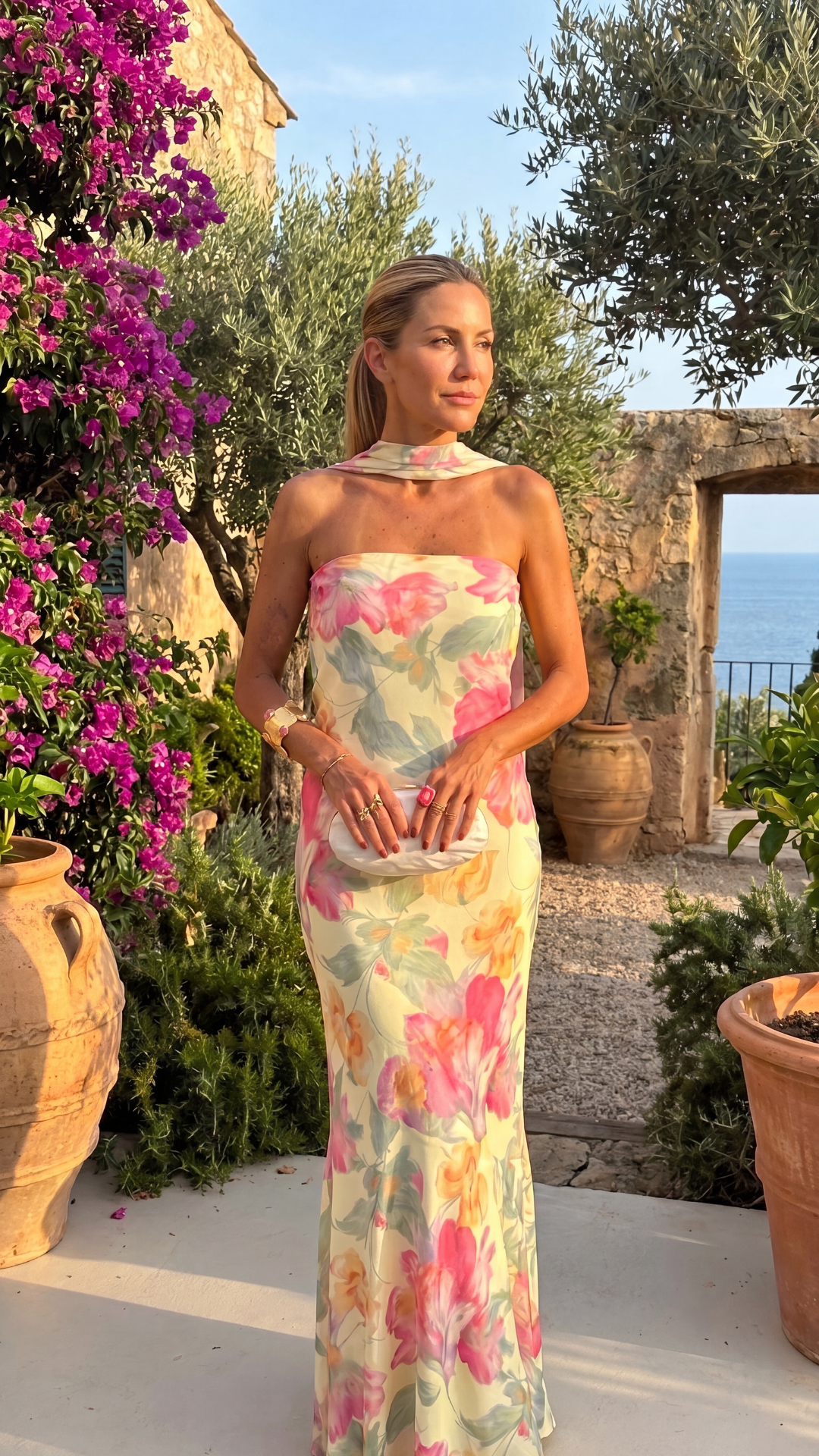 Vestido Strapless Floral con Pañuelo al Cuello