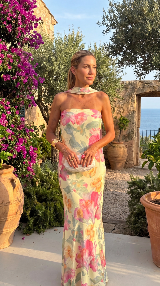 Vestido Strapless Floral con Pañuelo al Cuello