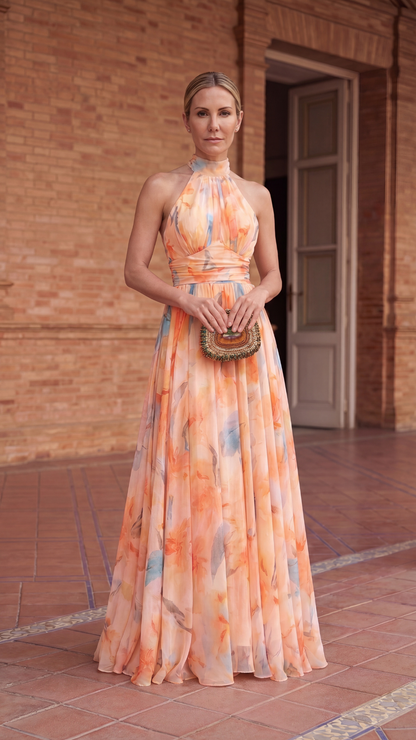 Vestido Halter Floral de Vuelo Amplio
