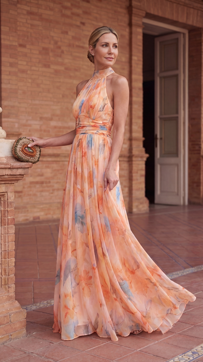 Vestido Halter Floral de Vuelo Amplio