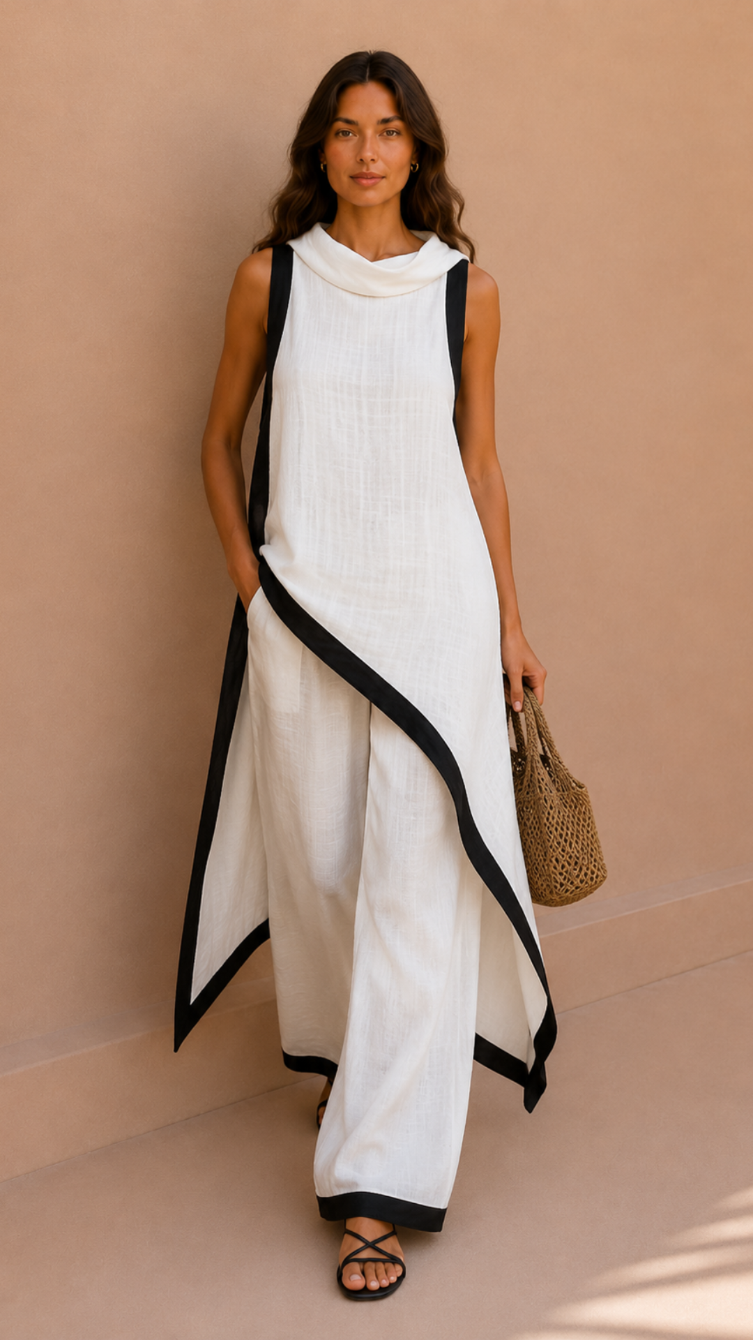 Conjunto Túnica Ribete Contraste Pantalón Palazzo