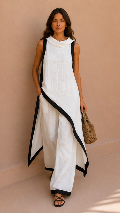 Conjunto Túnica Ribete Contraste Pantalón Palazzo