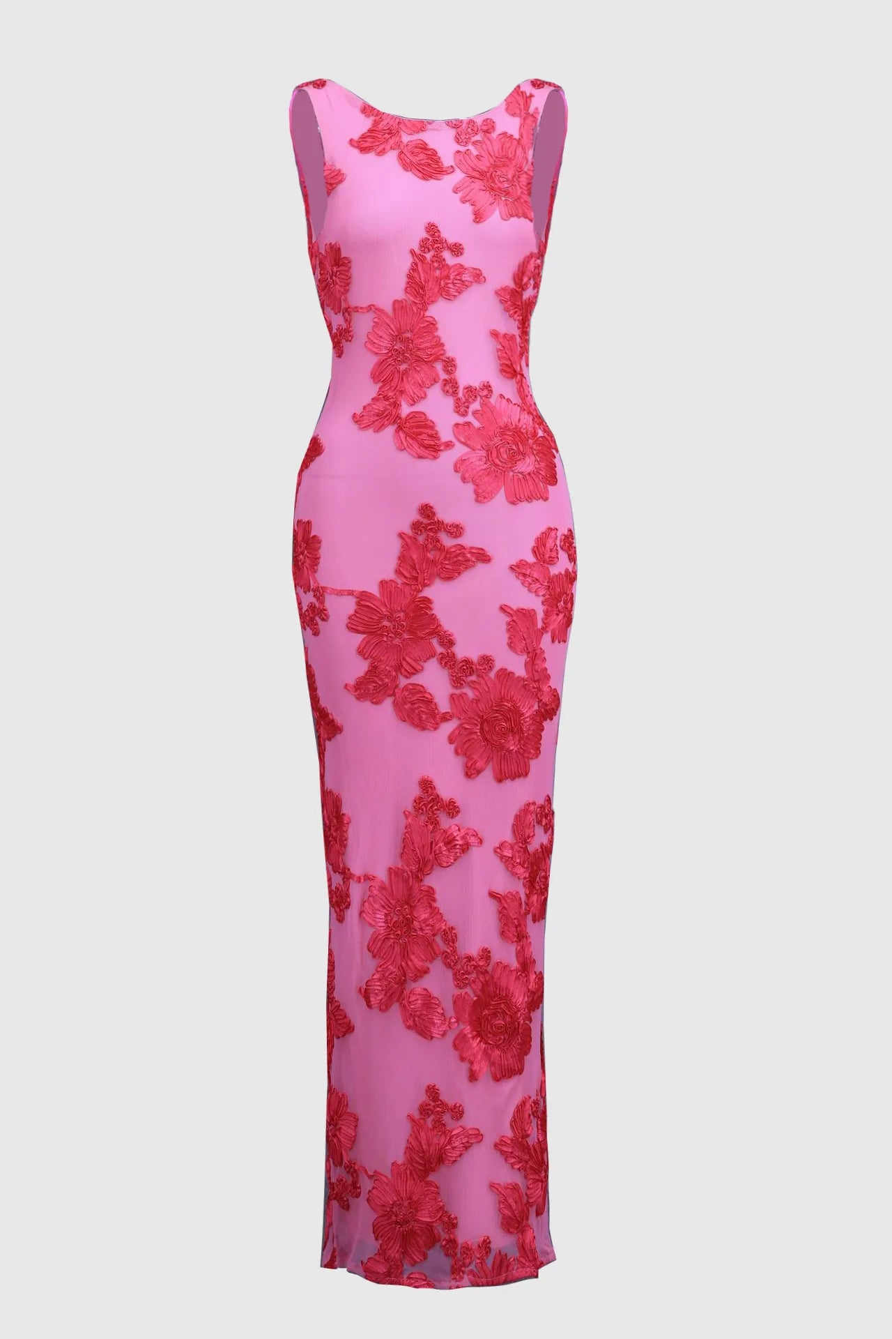 Vestido Largo de Encaje Floral Bordado