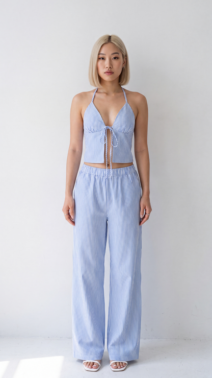 Conjunto Top Halter Lazada Pantalón Palazzo Rayas