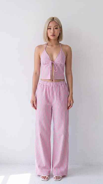 Conjunto Top Halter Lazada Pantalón Palazzo Rayas