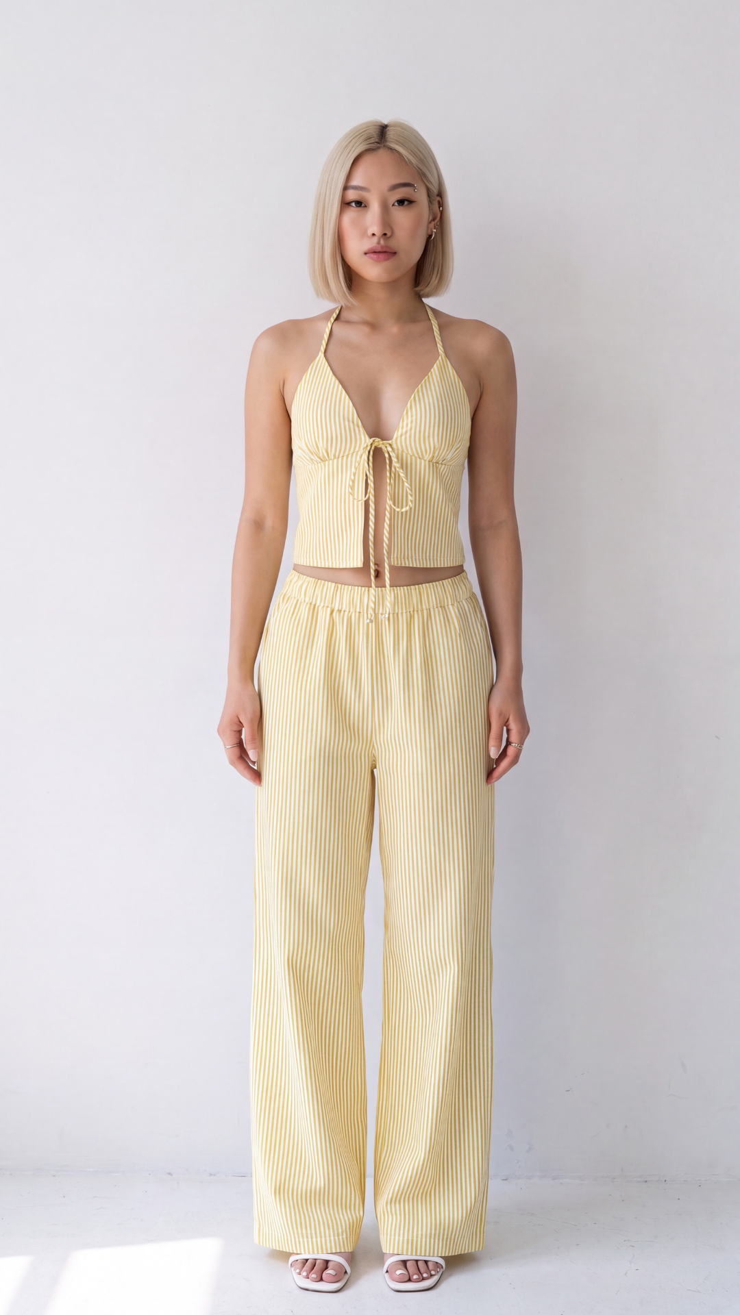 Conjunto Top Halter Lazada Pantalón Palazzo Rayas