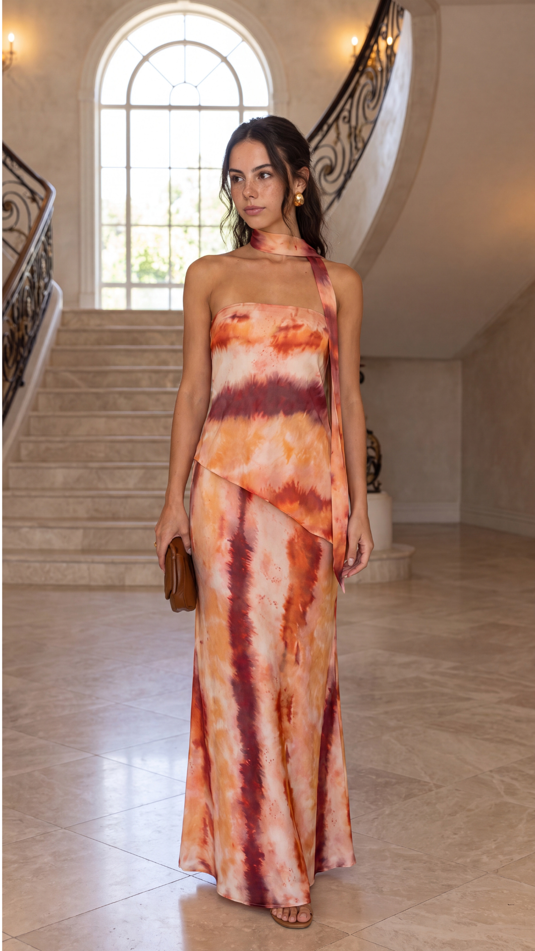 Vestido Largo Tie-Dye Sin Tirantes con Pañuelo