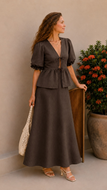 Conjunto Blusa Abullonada Falda Maxi