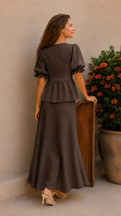 Conjunto Blusa Abullonada Falda Maxi