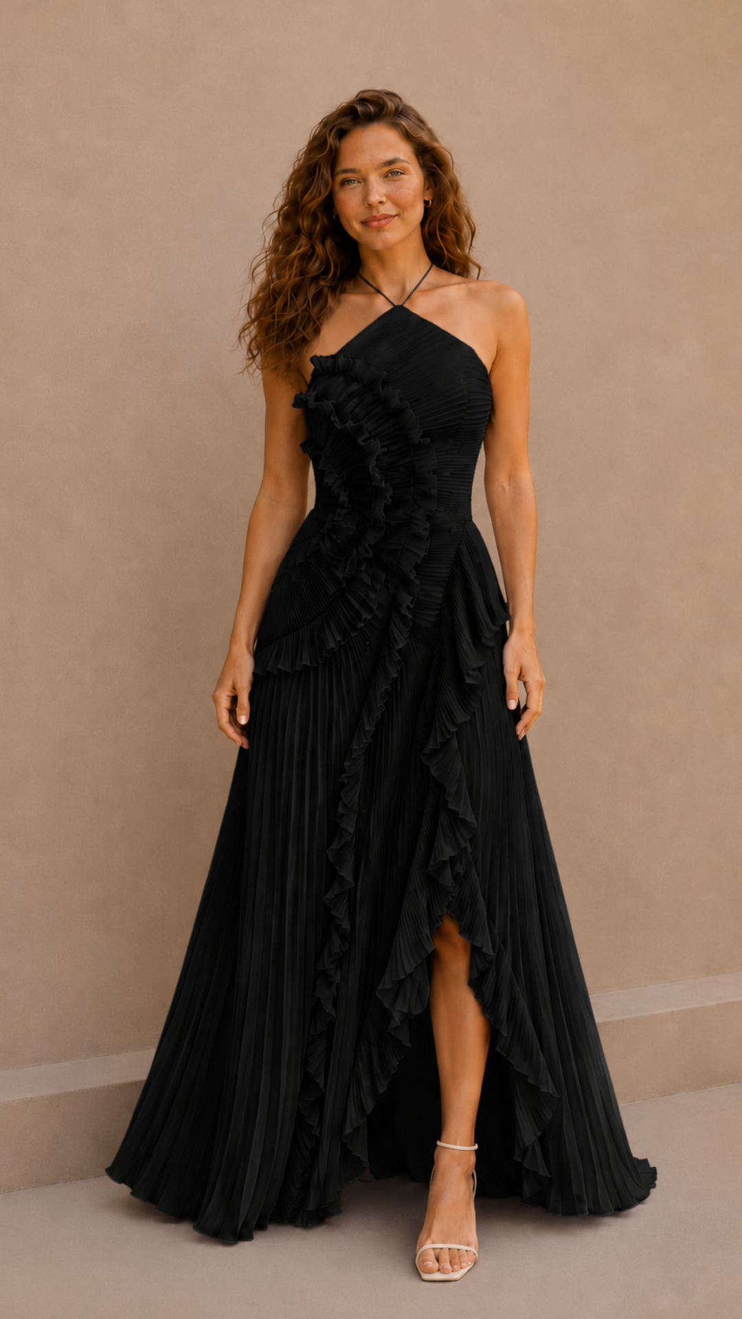 Vestido Plisado Volantes Espalda Abierta