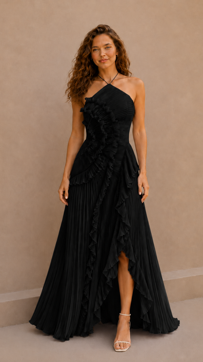 Vestido Plisado Volantes Espalda Abierta