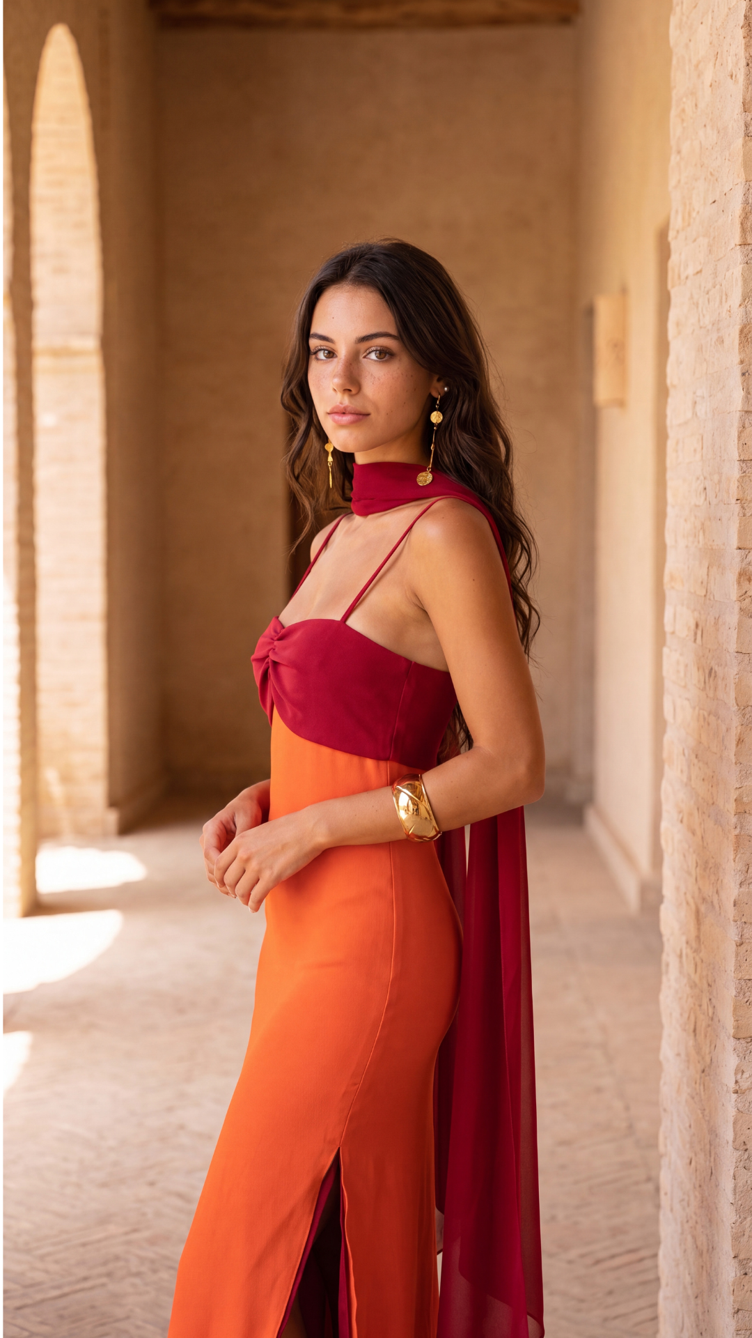 Vestido Largo Bicolor con Pañuelo al Cuello