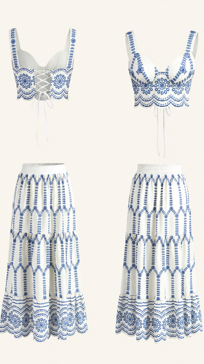 Conjunto Bustier Bordado Falda Maxi