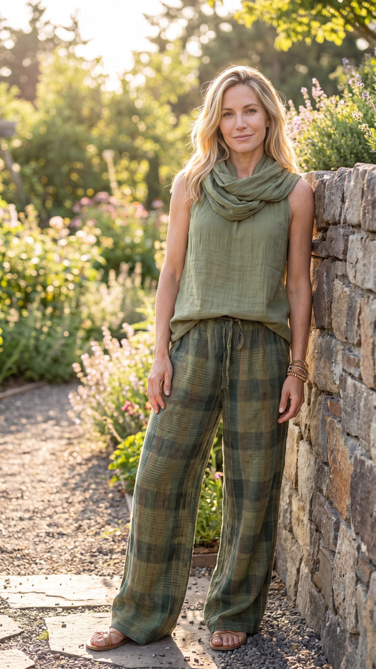 Conjunto Blusa Cuello Cowl Pantalón Ancho