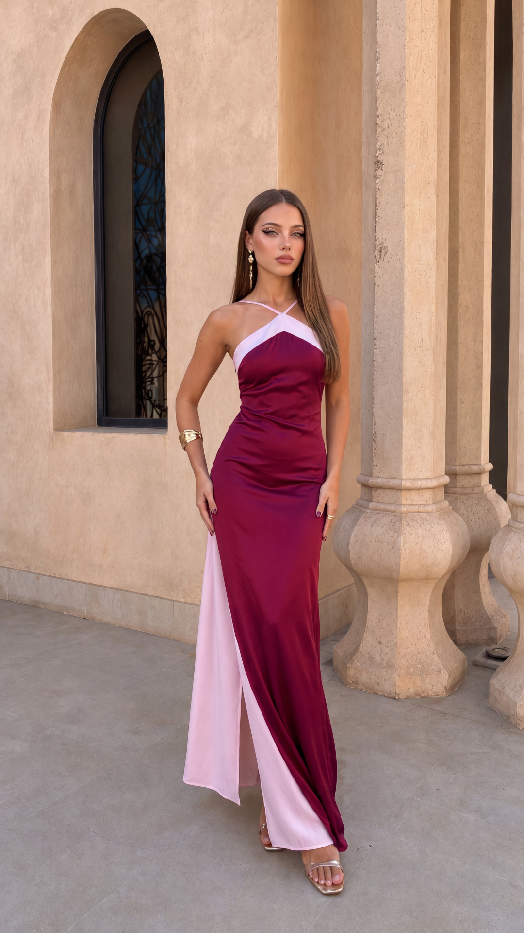 Vestido Largo Satinado Bicolor Escote Cruzado