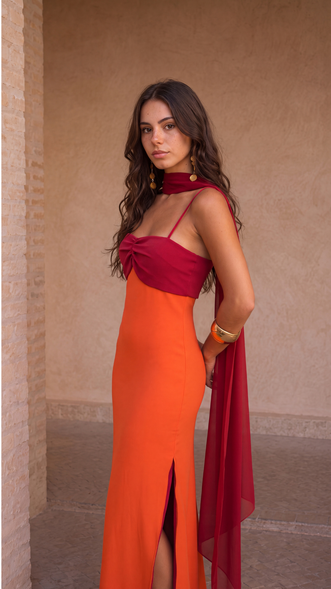 Vestido Largo Bicolor con Pañuelo al Cuello