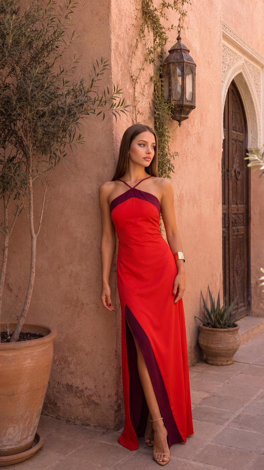 Vestido Largo Bicolor Escote Halter