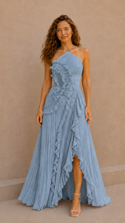 Vestido Plisado Volantes Espalda Abierta
