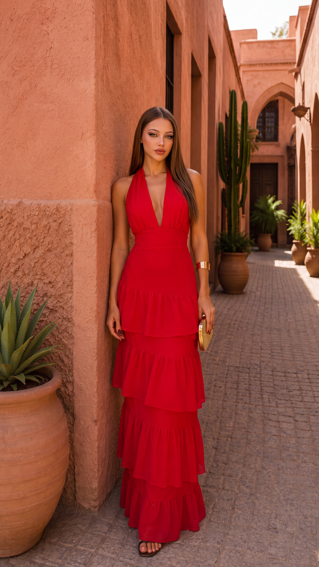 Vestido Largo Halter Espalda Descubierta con Volantes