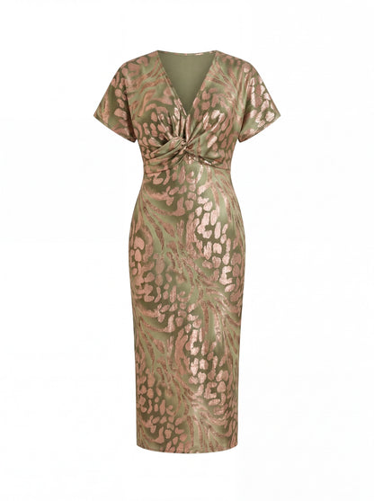 Vestido Midi Jacquard con Nudo y Manga Corta